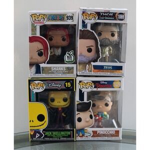 Lot of 4 Funk Pops - Shanks 939 Zeus 1069 Pinocchio 1029 Jack Skellington 15